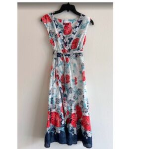 Sleeveless Red White Blue Floral Maxi Dress with Tie Waist